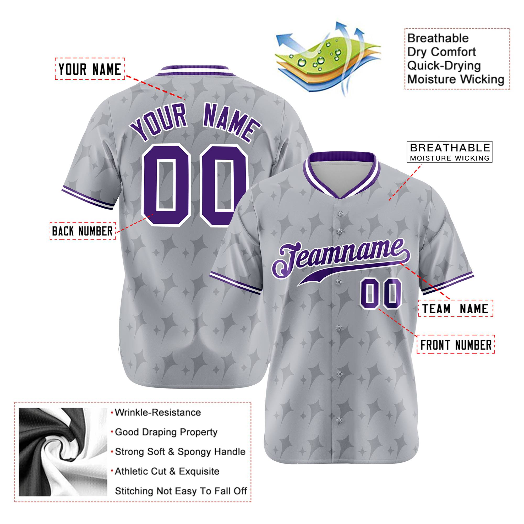 Custom Gray Purple White Authentic Four Pointed Baseball Jersey