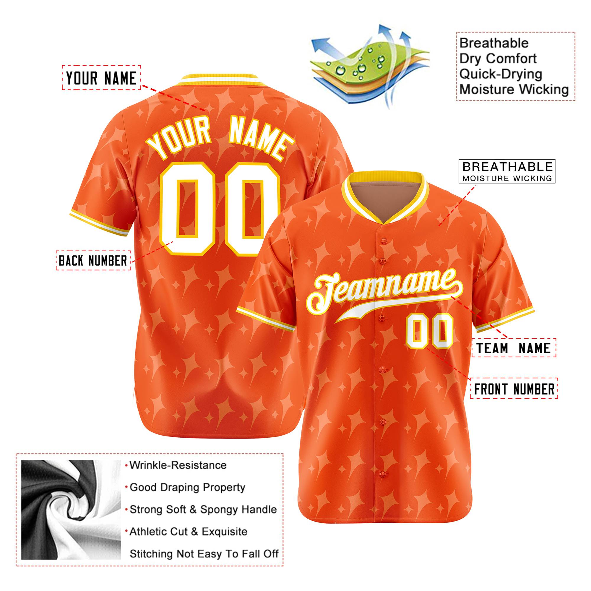 Custom Orange White Gold Authentic Four Pointed Baseball Jersey