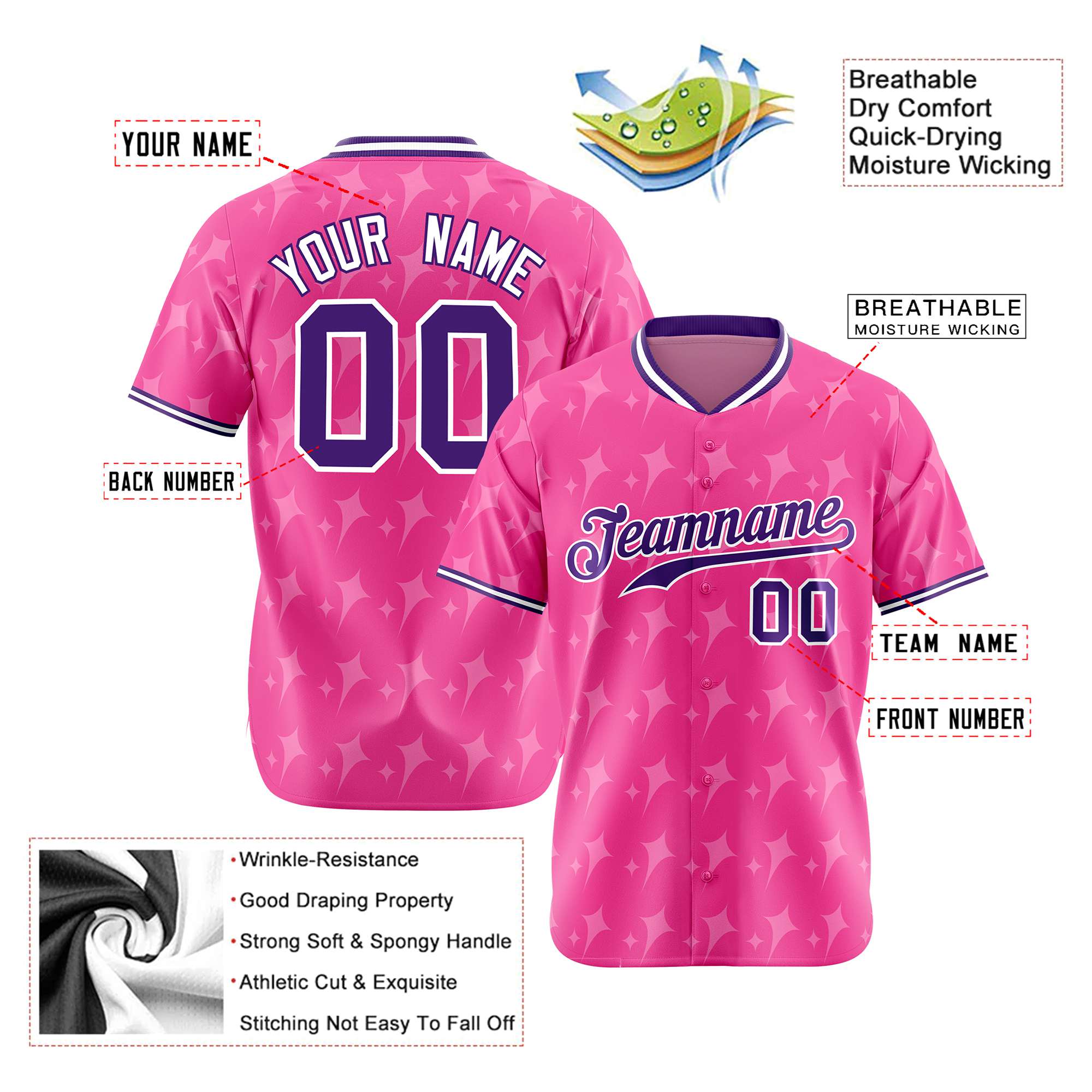 Custom Pink Purple White Authentic Four Pointed Baseball Jersey