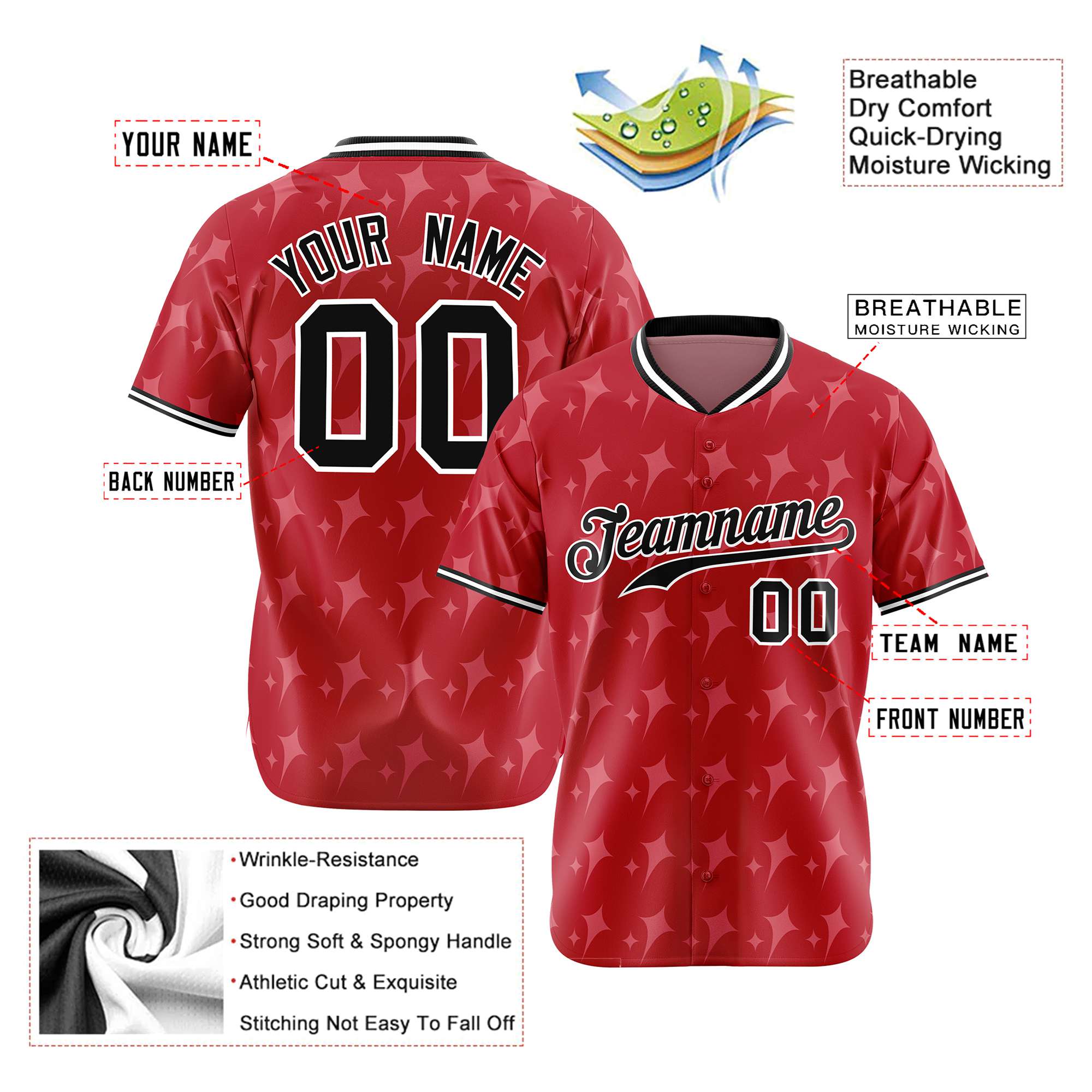 Custom Red Black White Authentic Four Pointed Baseball Jersey