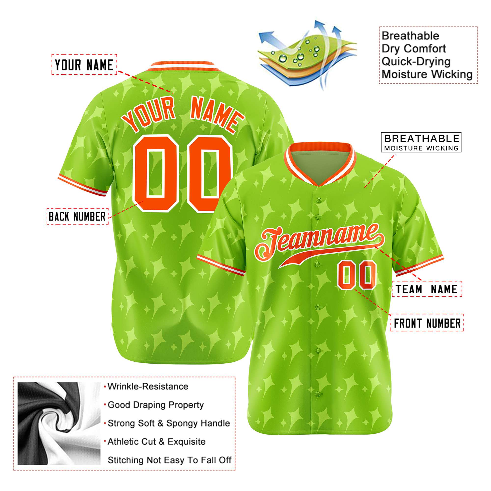 Custom Neon Green Orange White Authentic Four Pointed Baseball Jersey