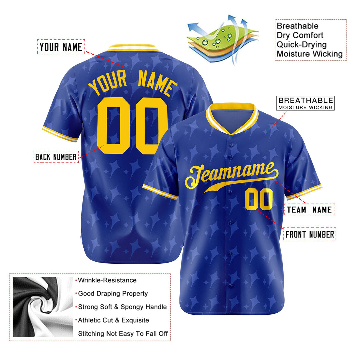 Custom Royal Blue Gold White Authentic Four Pointed Baseball Jersey