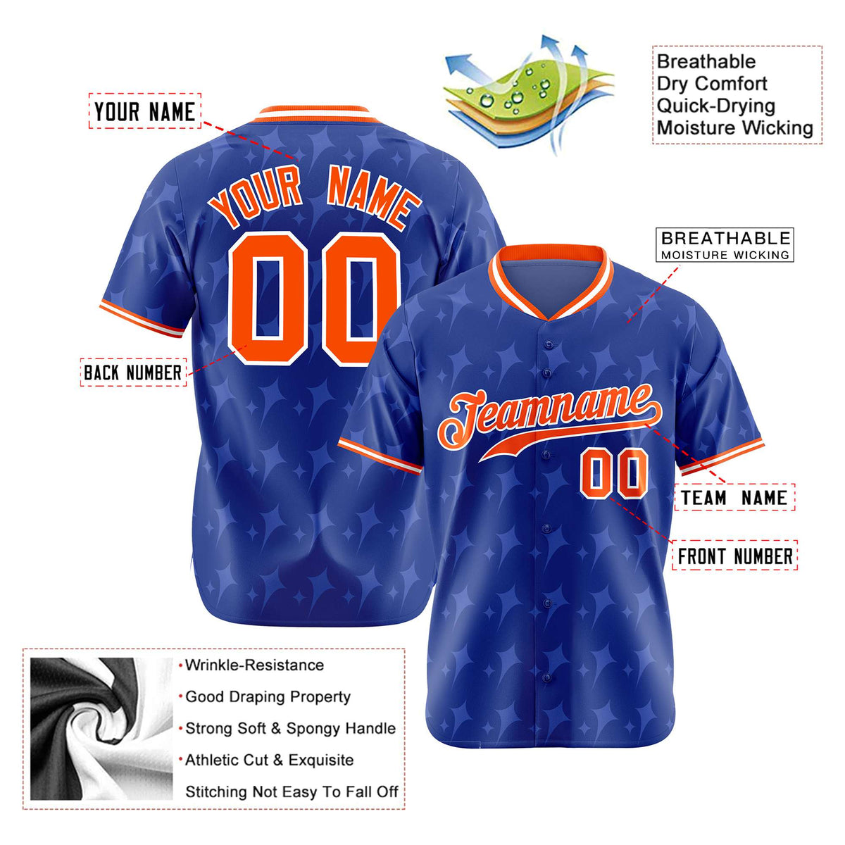 Custom Royal Blue Orange White Authentic Four Pointed Baseball Jersey