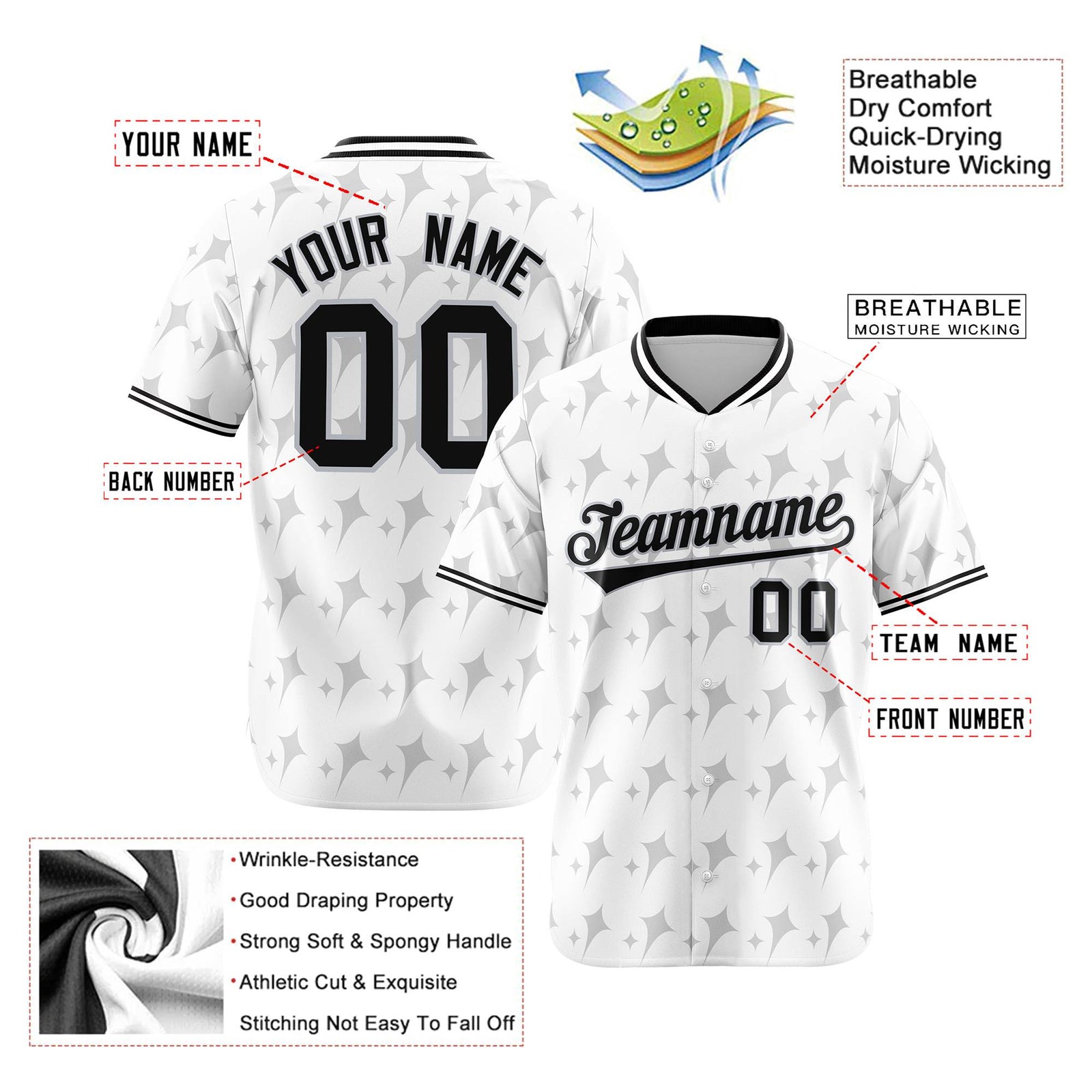 Custom White Gray Black Authentic Four Pointed Baseball Jersey