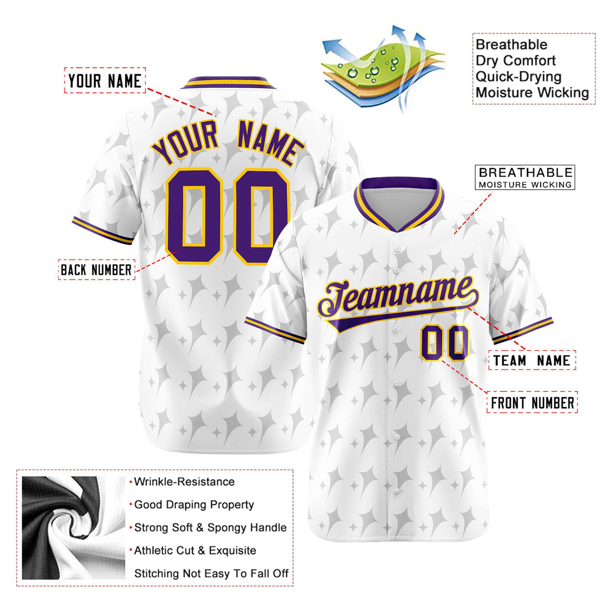 Custom White Purple Gold Authentic Four Pointed Baseball Jersey