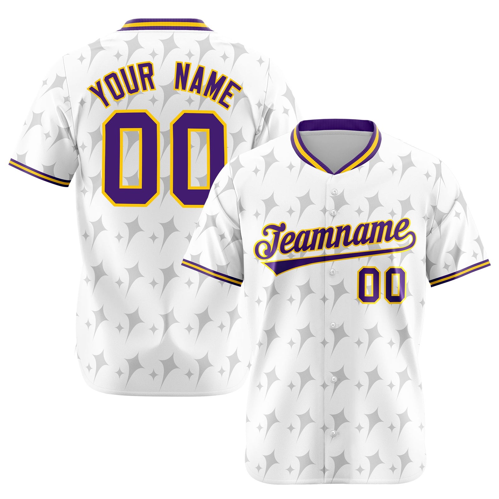 Custom White Purple Gold Authentic Four Pointed Baseball Jersey