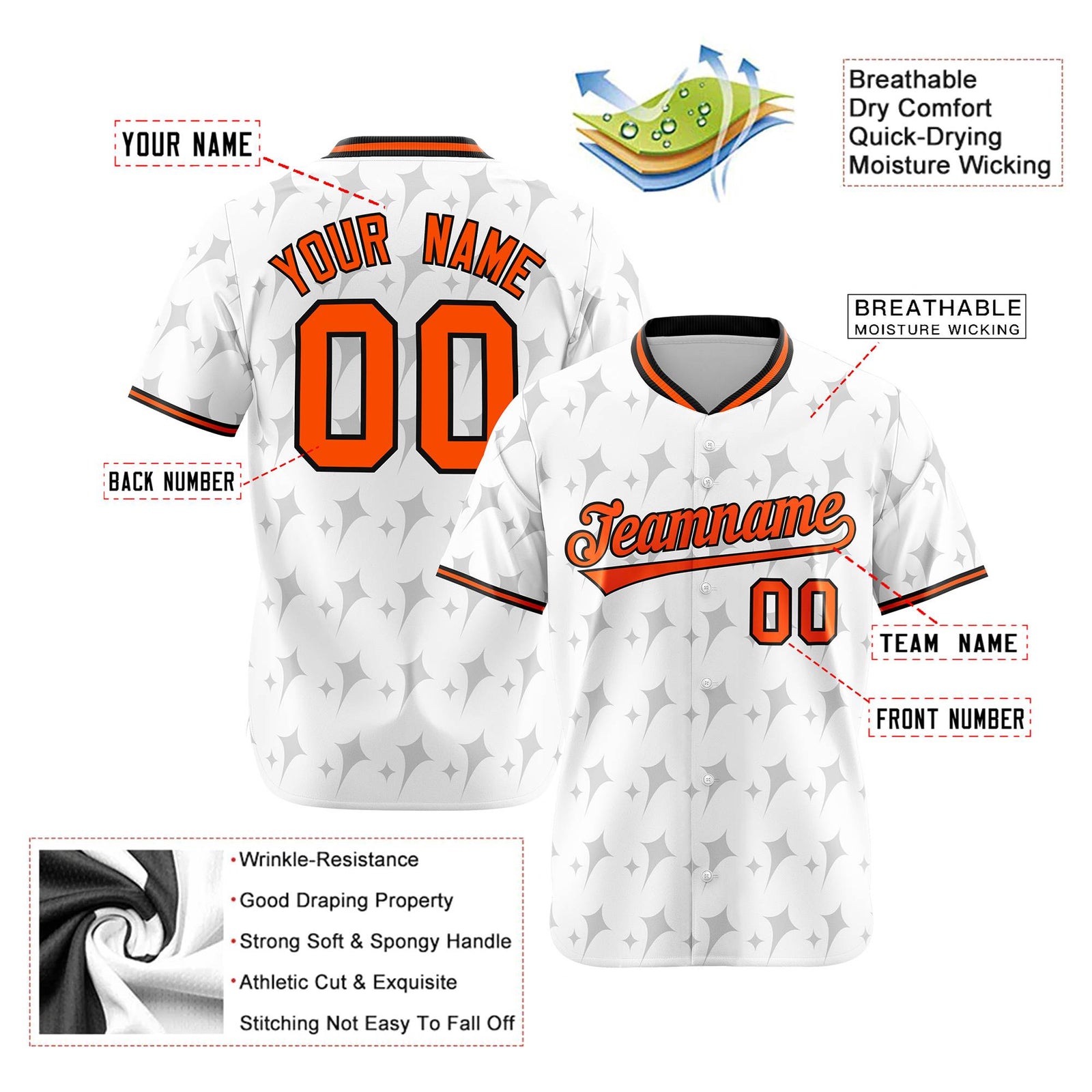 Custom White Orange Black Authentic Four Pointed Baseball Jersey
