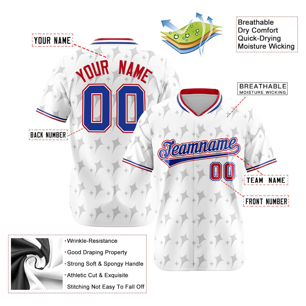 Custom White Royal Blue Red Authentic Four Pointed Baseball Jersey