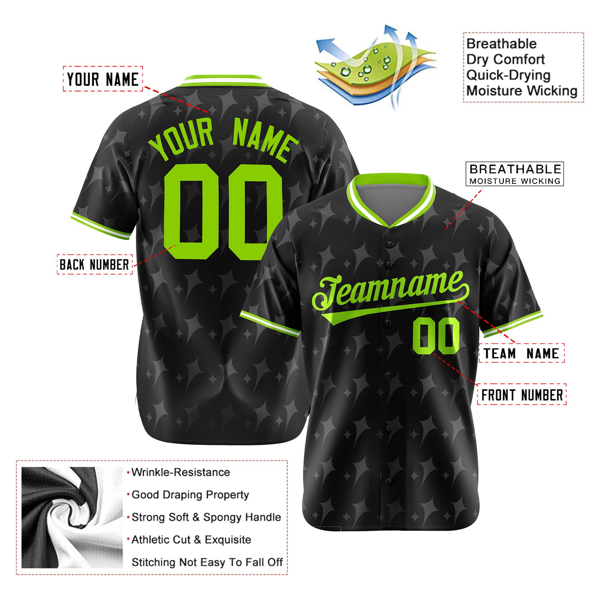 Custom Black Neon Green White Authentic Four Pointed Baseball Jersey