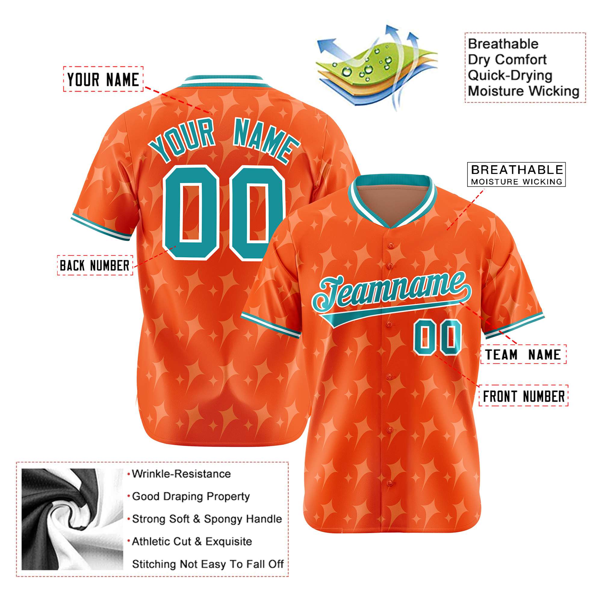 Custom Orange Aqua White Authentic Four Pointed Baseball Jersey