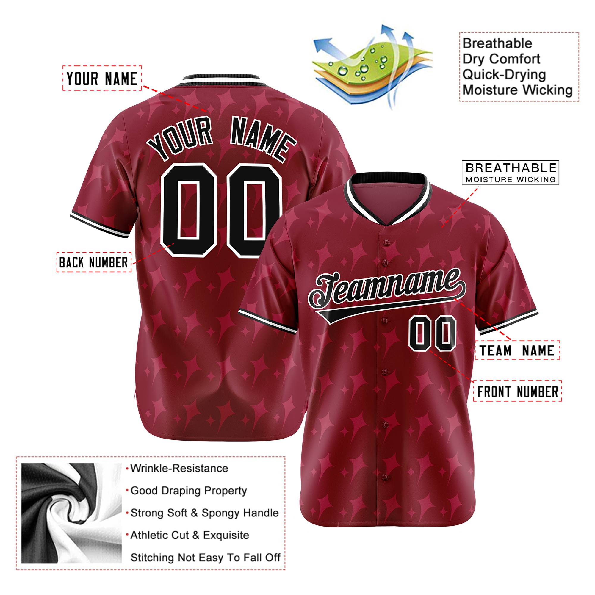 Custom Crimson Black White Authentic Four Pointed Baseball Jersey