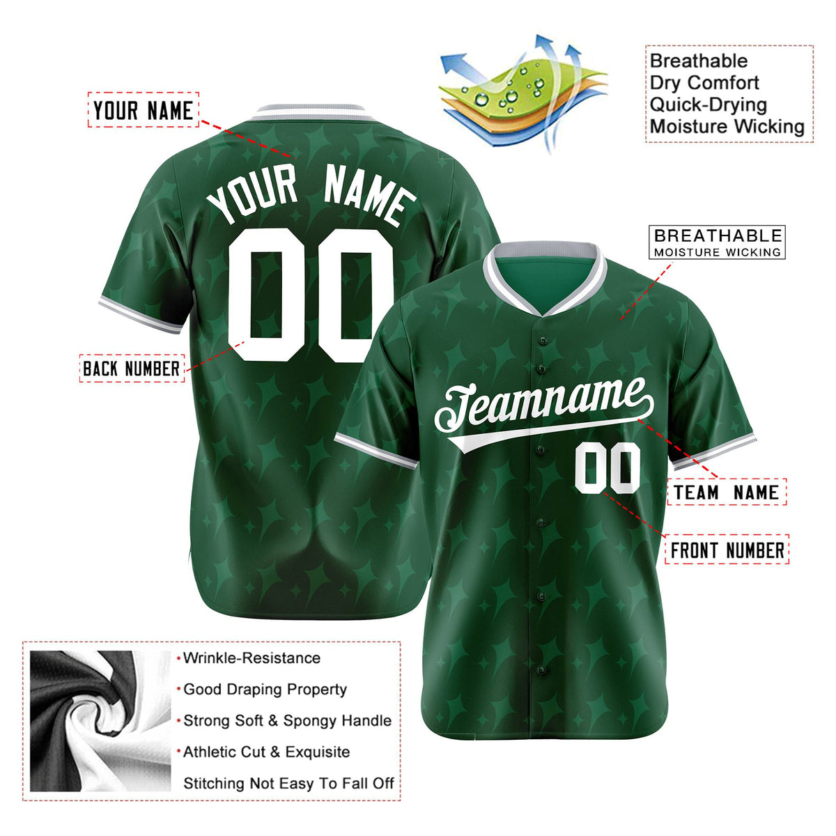 Custom Green White Gray Authentic Four Pointed Baseball Jersey