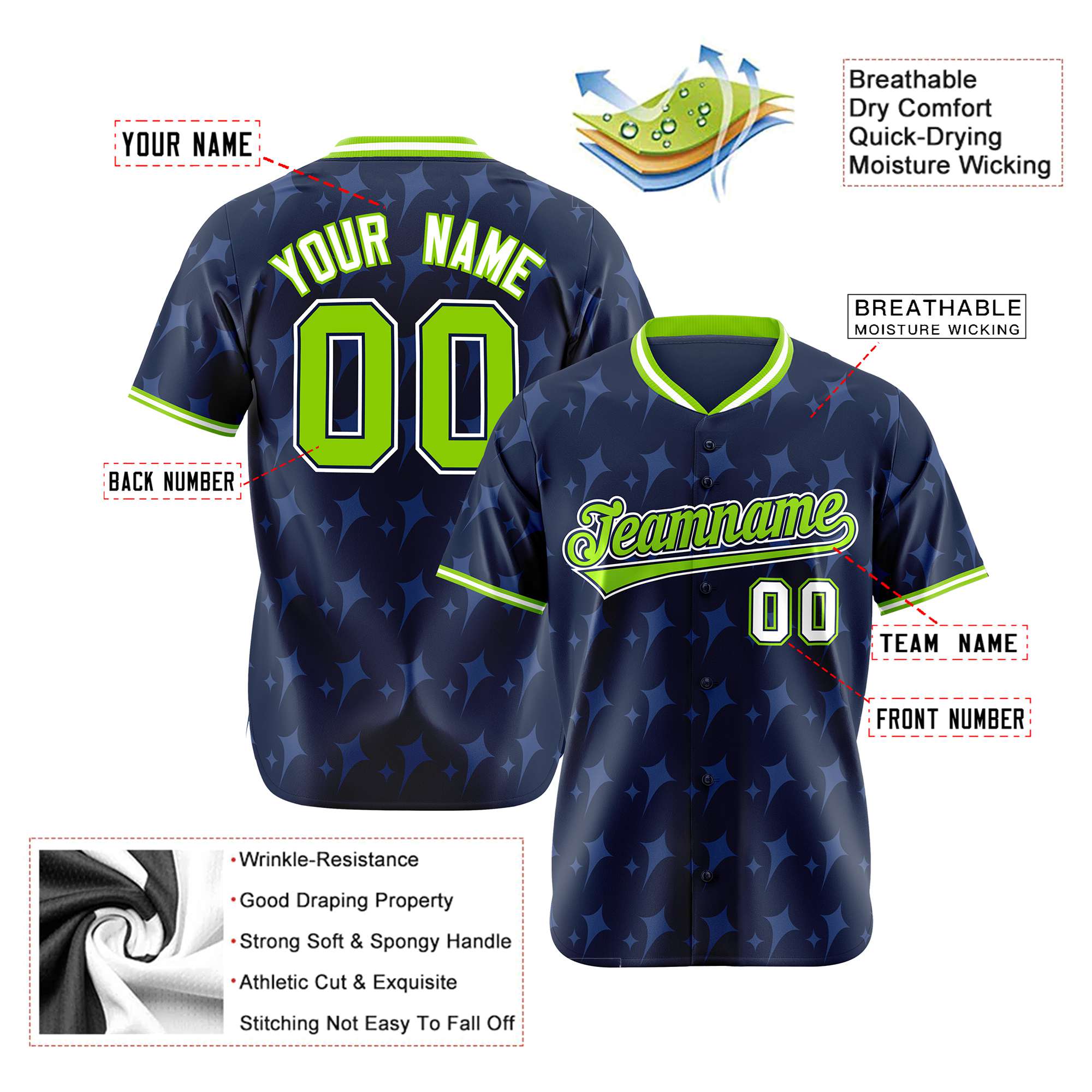 Custom Navy Neon Green White Authentic Four Pointed Baseball Jersey