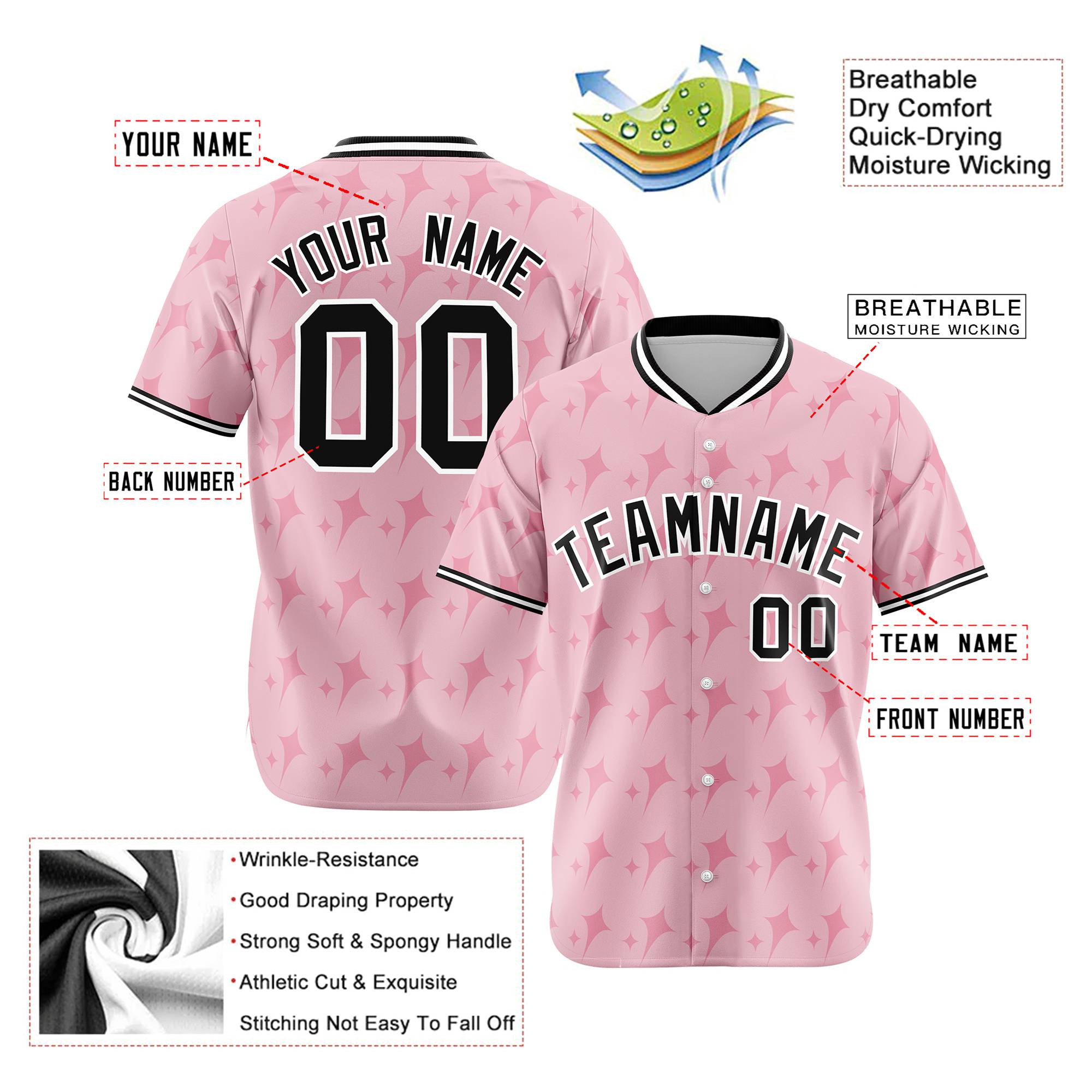 Custom Light Pink Black White Authentic Four Pointed Baseball Jersey