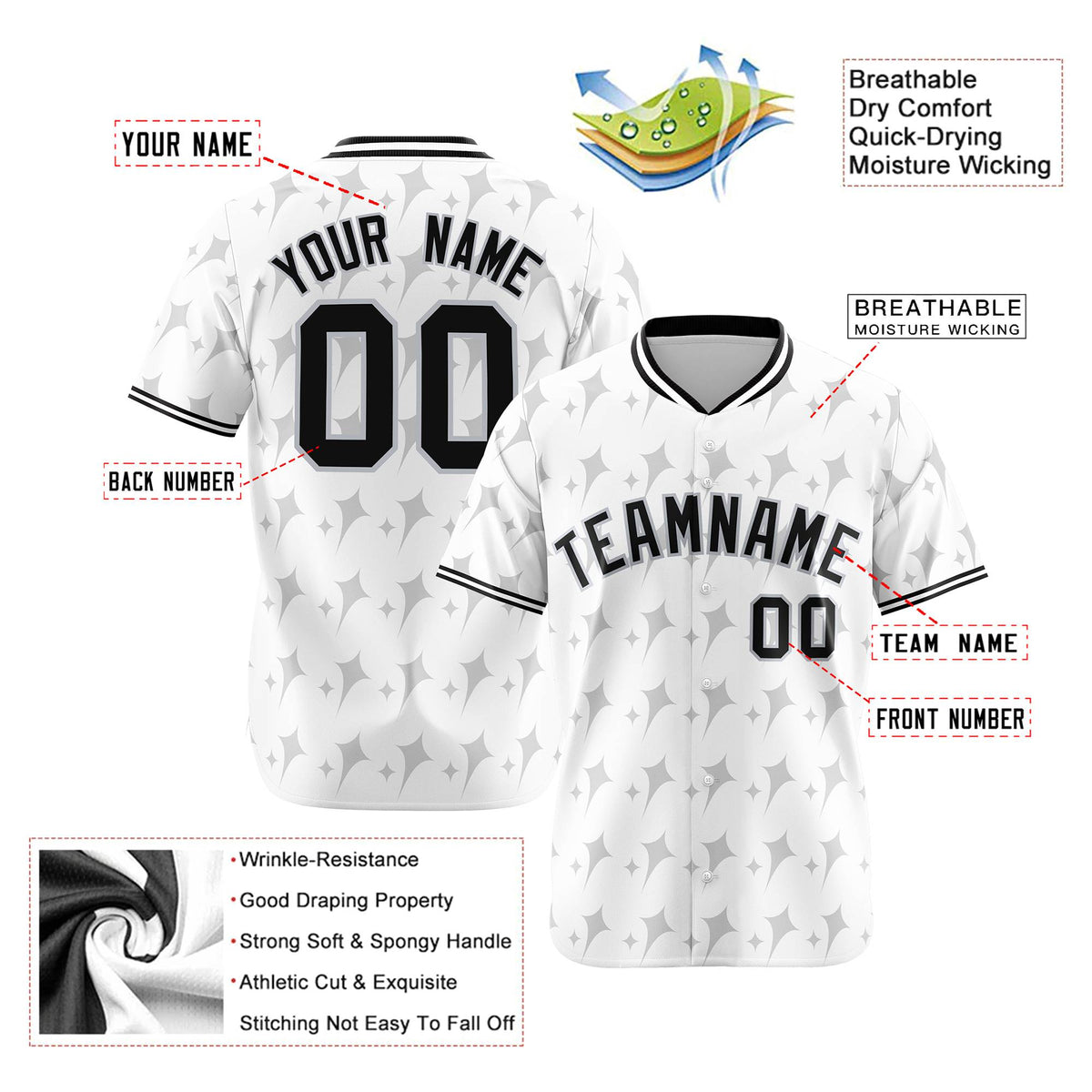 Custom White Gray Black Authentic Four Pointed Baseball Jersey