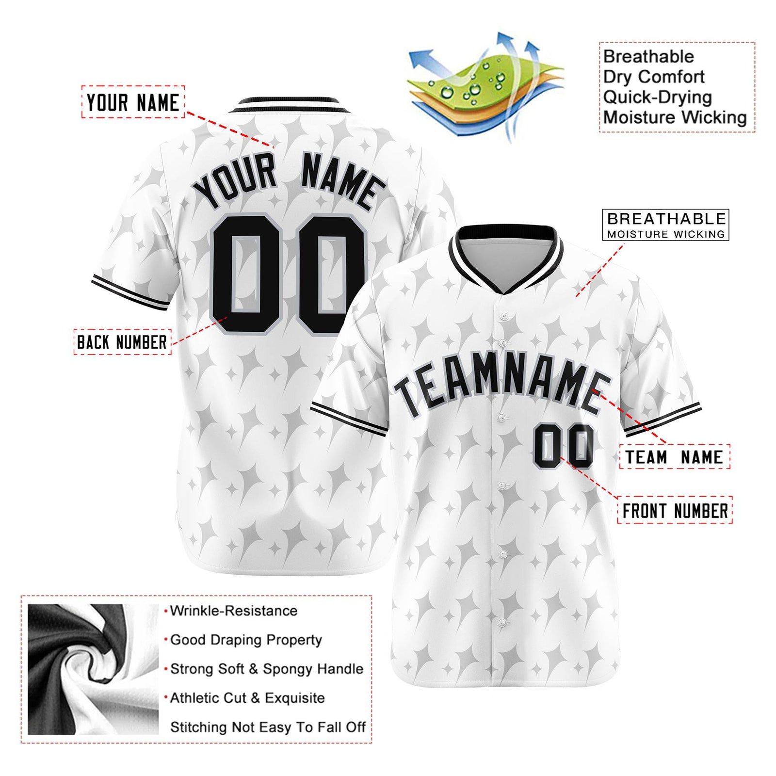 Custom White Gray Black Authentic Four Pointed Baseball Jersey