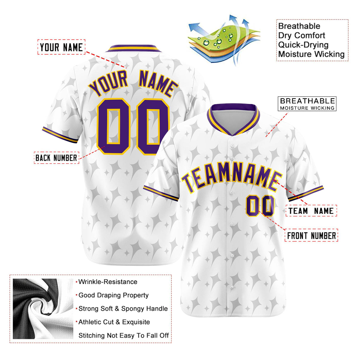 Custom White Purple Gold Authentic Four Pointed Baseball Jersey