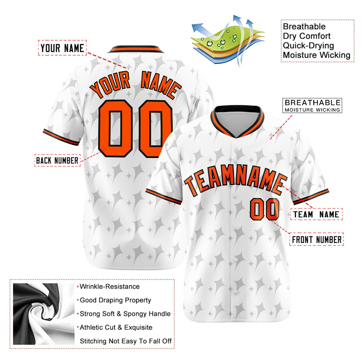 Custom White Orange Black Authentic Four Pointed Baseball Jersey