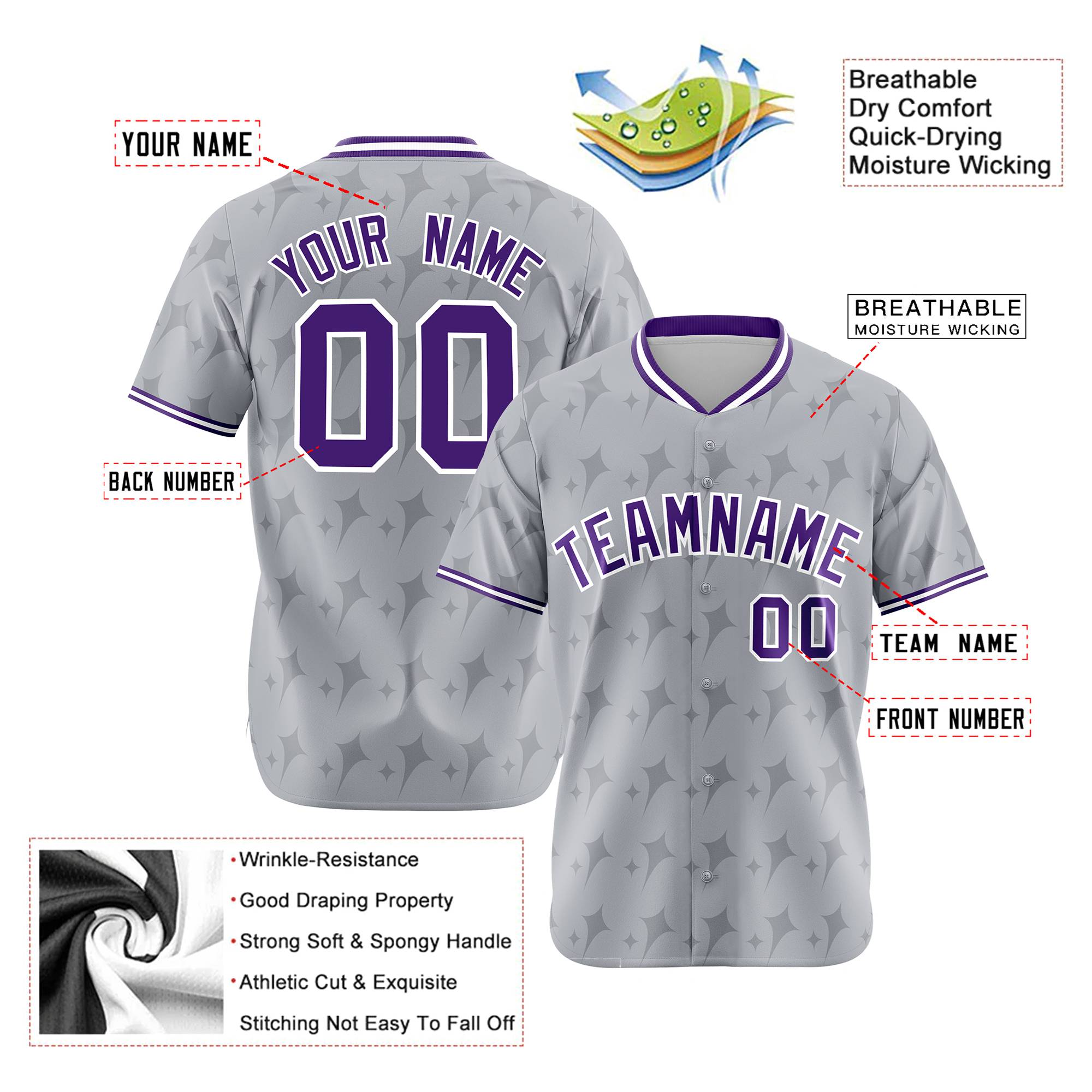 Custom Gray Purple White Authentic Four Pointed Baseball Jersey