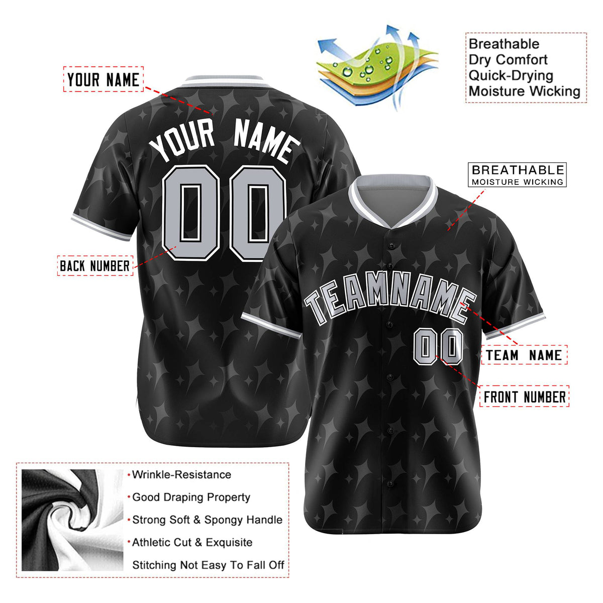 Custom Black Gray White Authentic Four Pointed Baseball Jersey