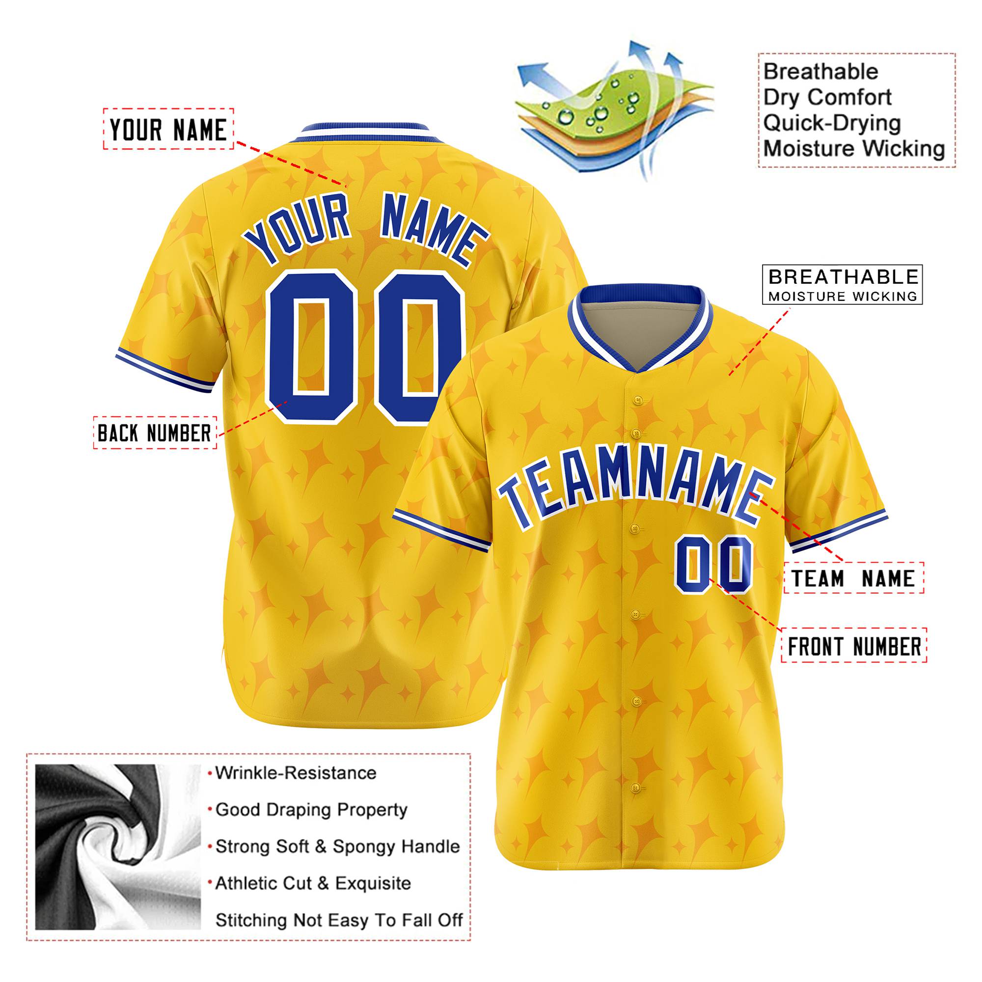 Custom Gold Royal Blue White Authentic Four Pointed Baseball Jersey