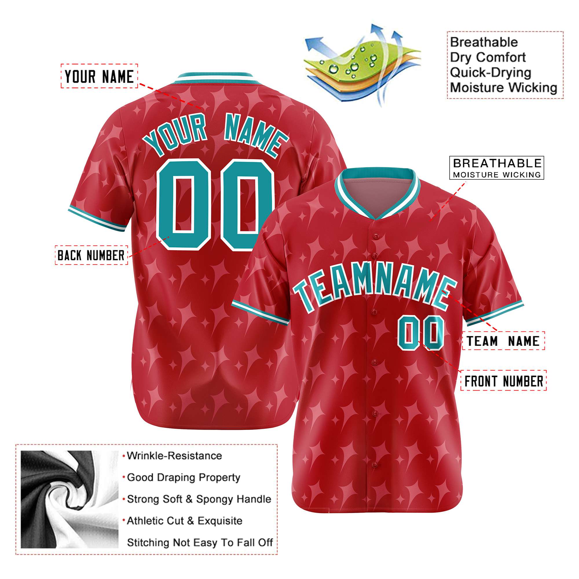 Custom Red Aqua White Authentic Four Pointed Baseball Jersey