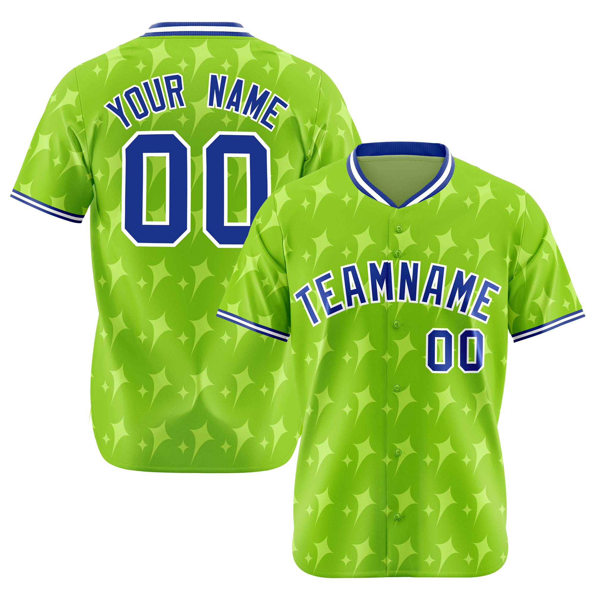 Custom Neon Green Royal Blue White Authentic Four Pointed Baseball Jersey