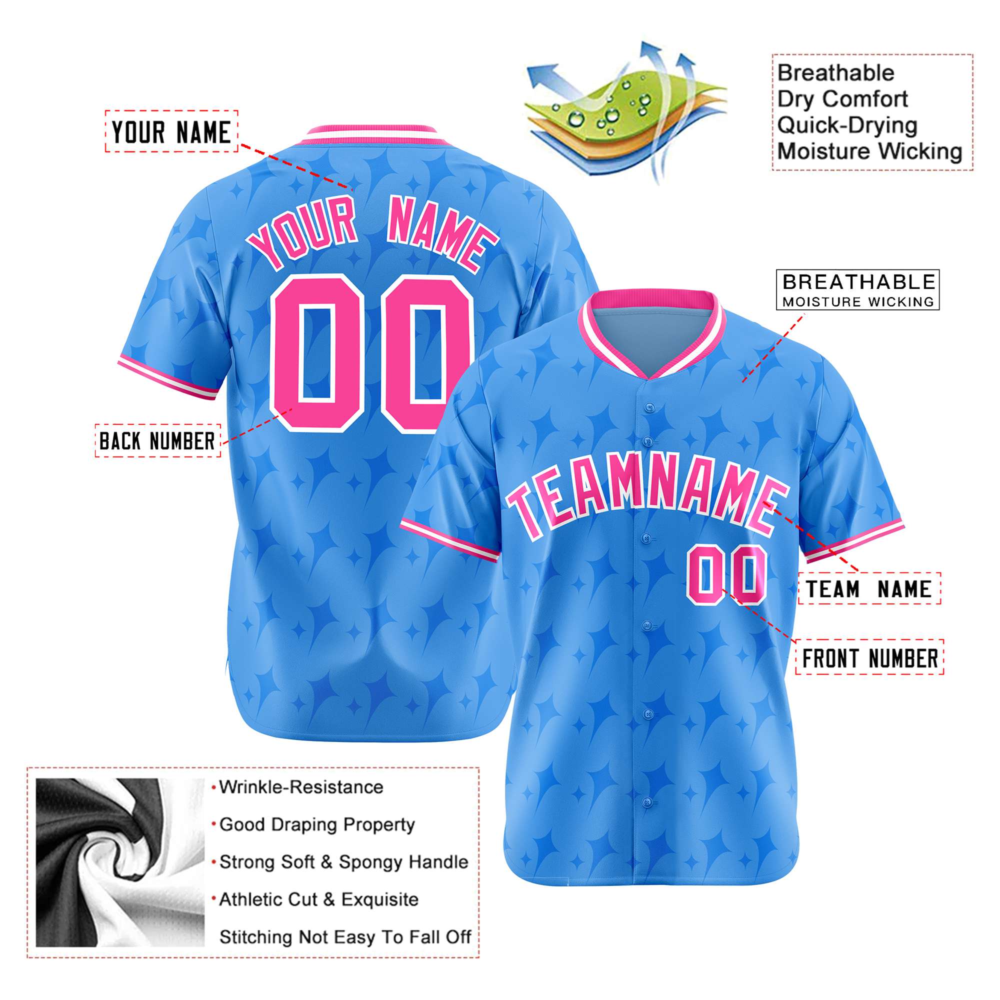 Custom Powder Blue Pink White Authentic Four Pointed Baseball Jersey