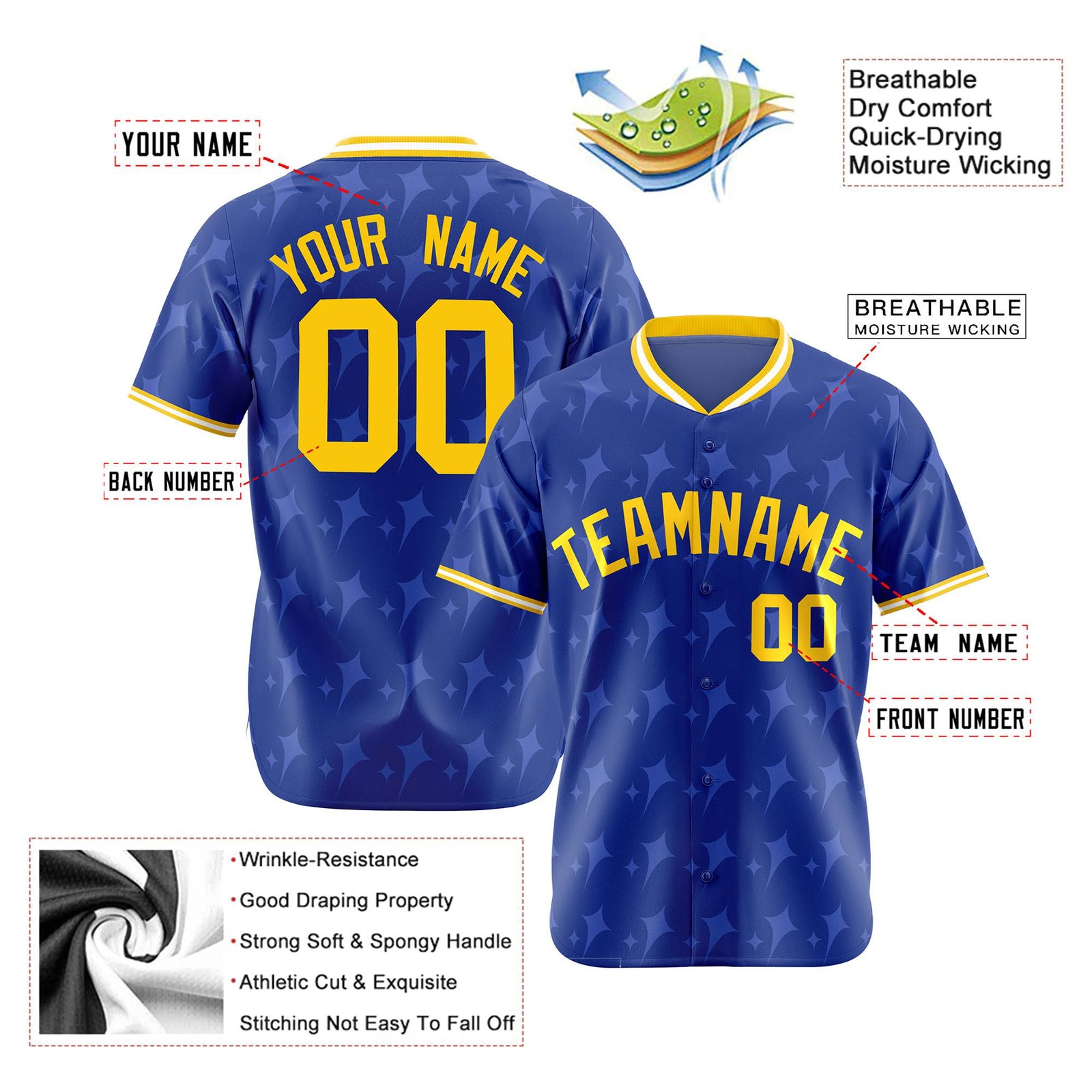 Custom Royal Blue Gold White Authentic Four Pointed Baseball Jersey