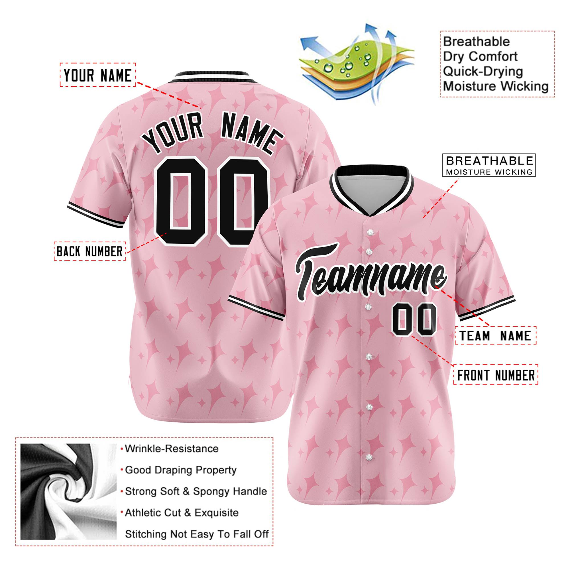 Custom Light Pink Black White Authentic Four Pointed Baseball Jersey