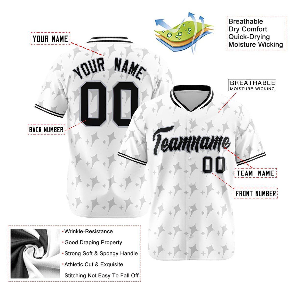 Custom White Gray Black Authentic Four Pointed Baseball Jersey