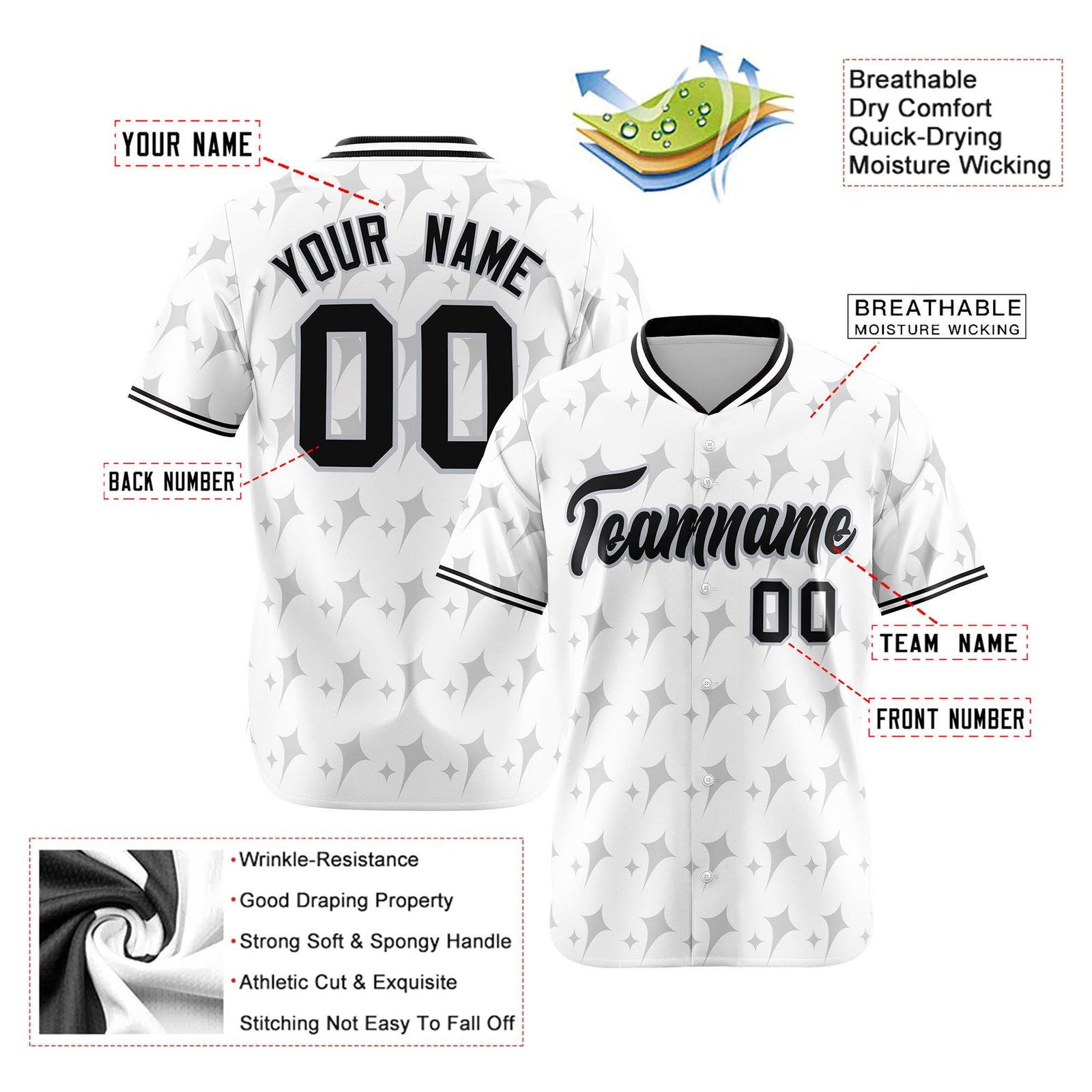 Custom White Gray Black Authentic Four Pointed Baseball Jersey
