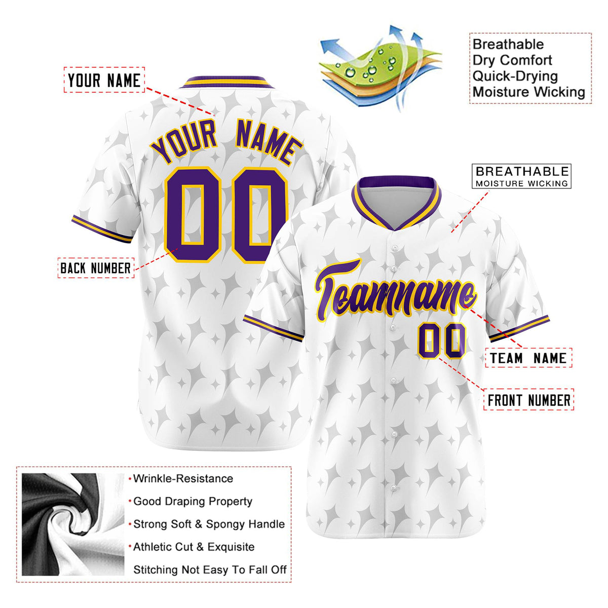 Custom White Purple Gold Authentic Four Pointed Baseball Jersey