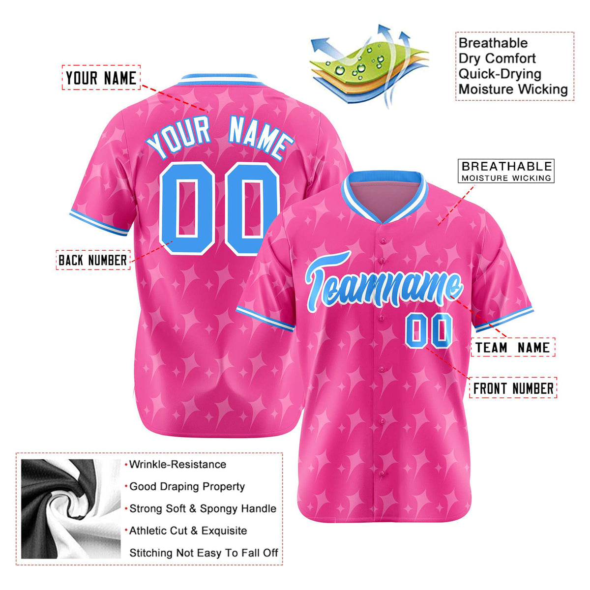 Custom Pink Powder Blue White Authentic Four Pointed Baseball Jersey