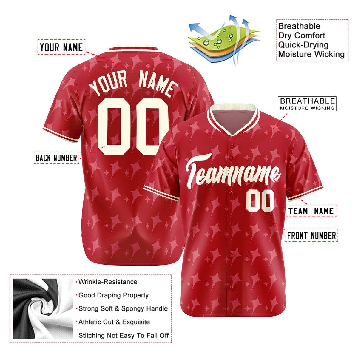 Custom Red Cream Authentic Four Pointed Baseball Jersey