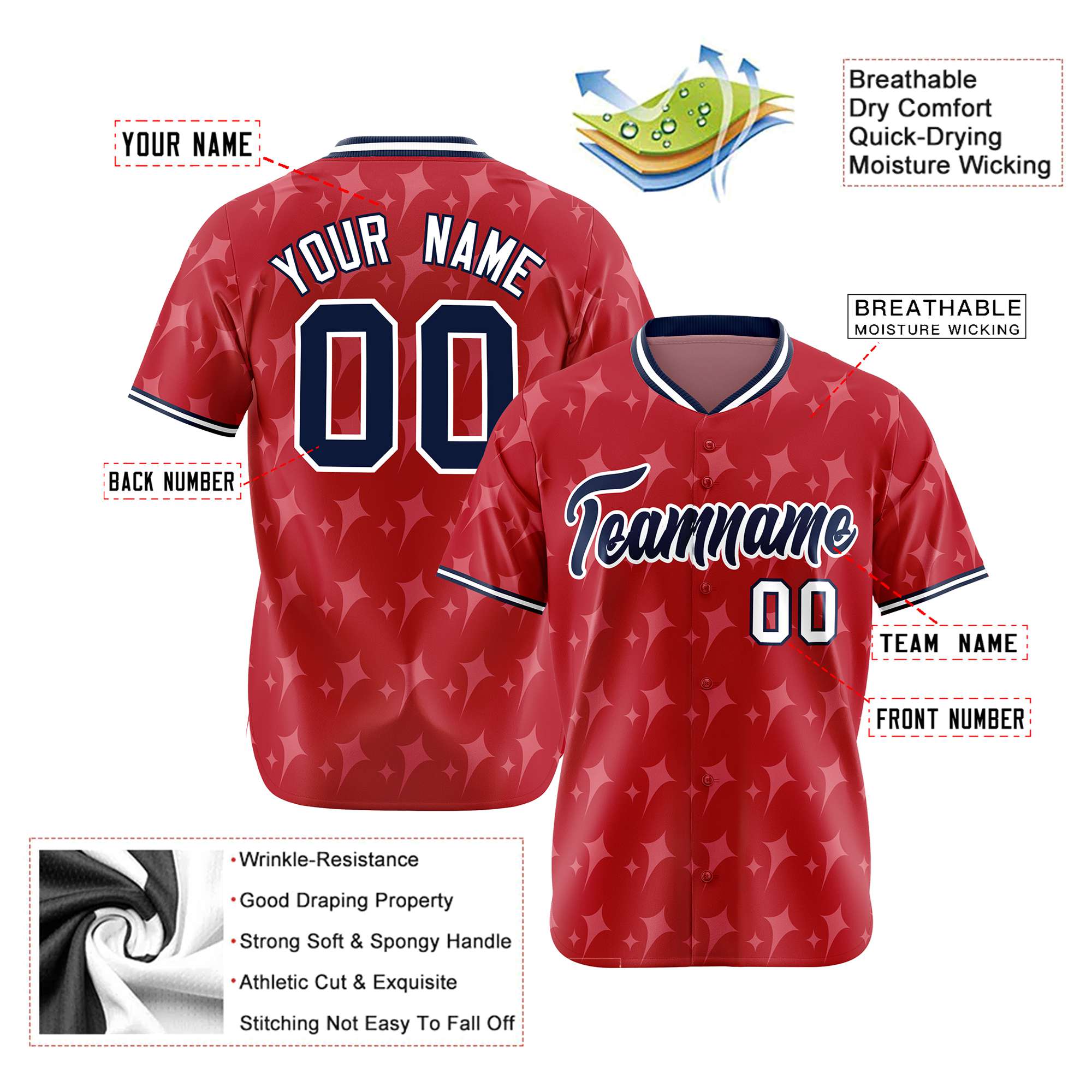 Custom Red Navy White Authentic Four Pointed Baseball Jersey