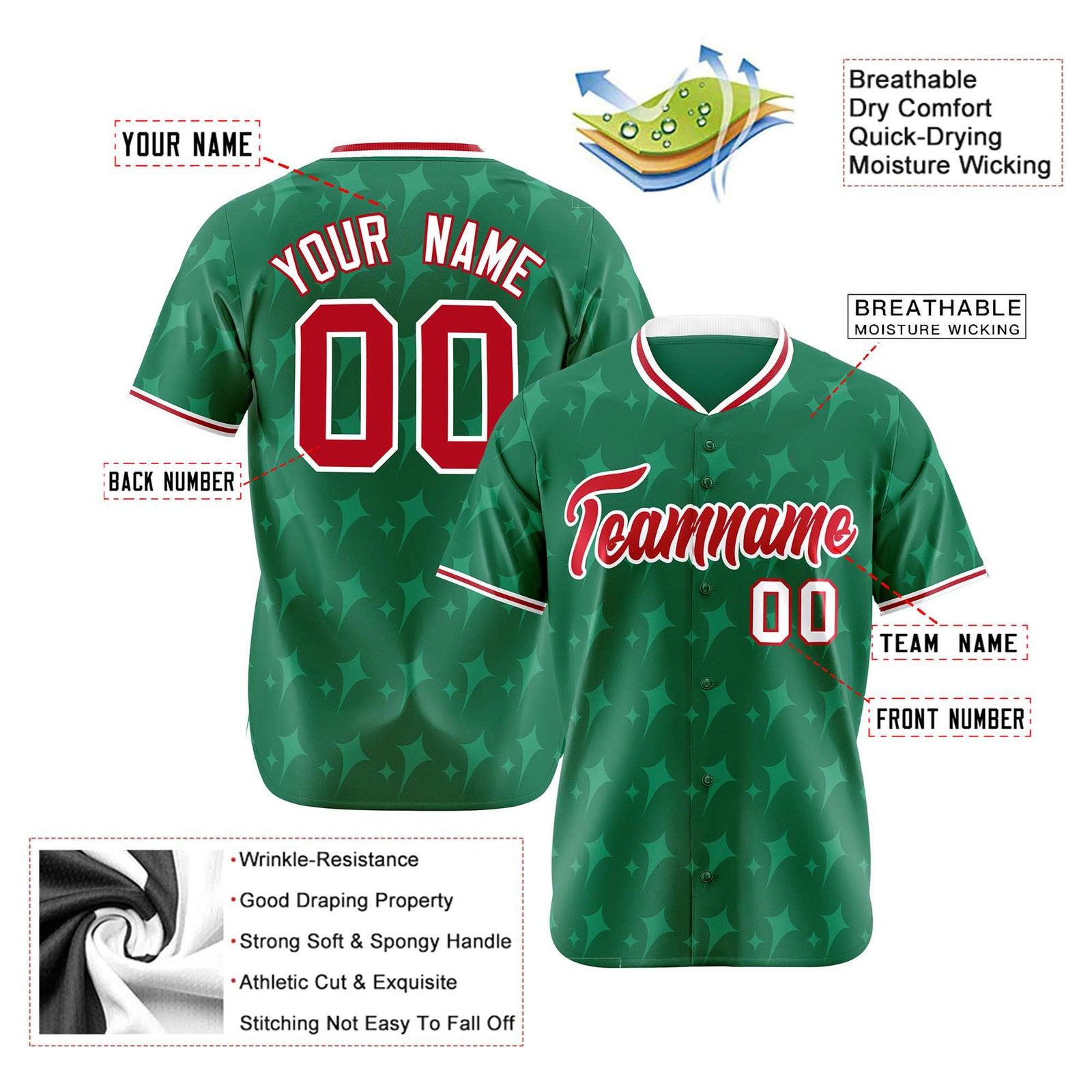 Custom Kelly Green Red White Authentic Four Pointed Baseball Jersey