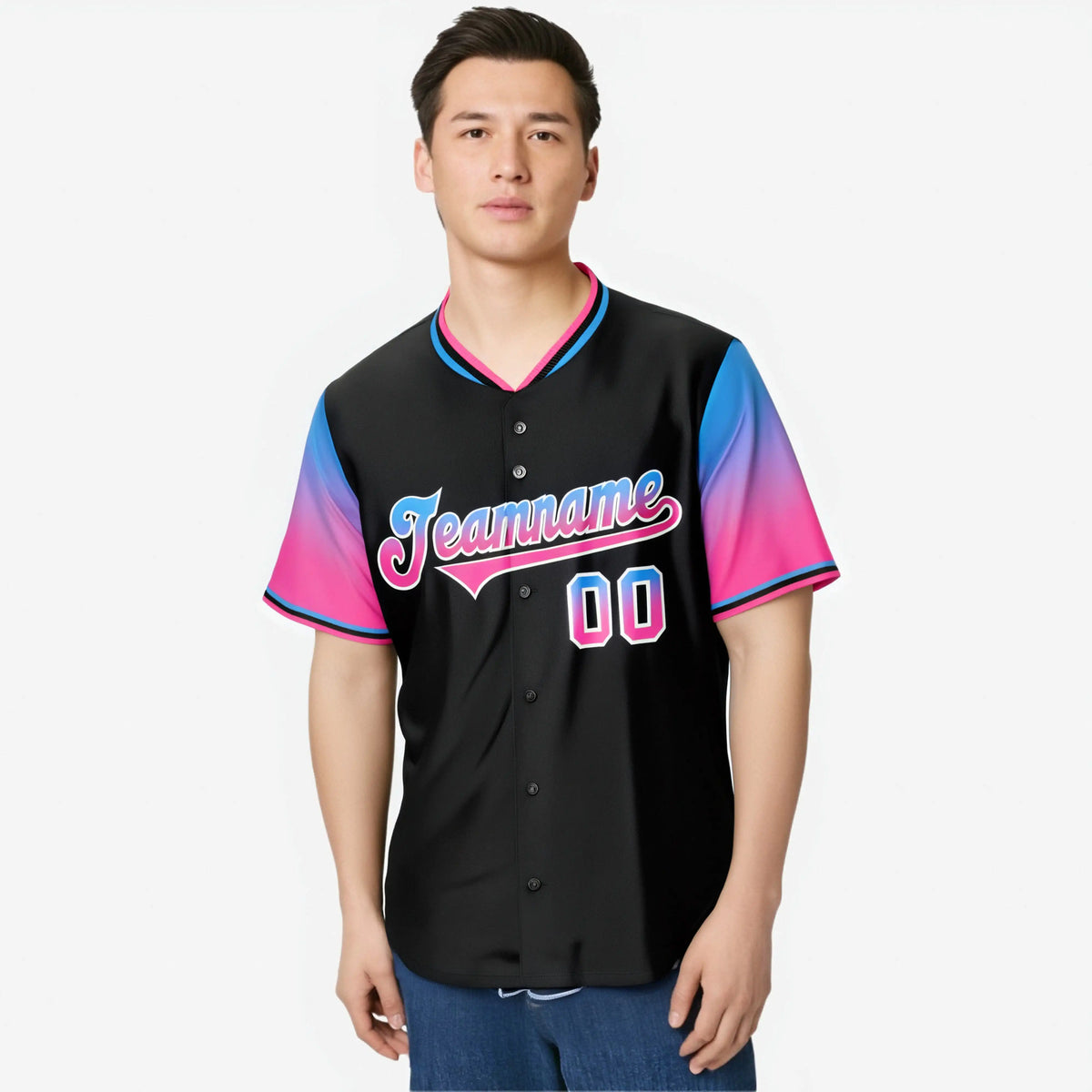 Custom Black Powder Blue-Pink Gradient Fashion Authentic Baseball Jersey