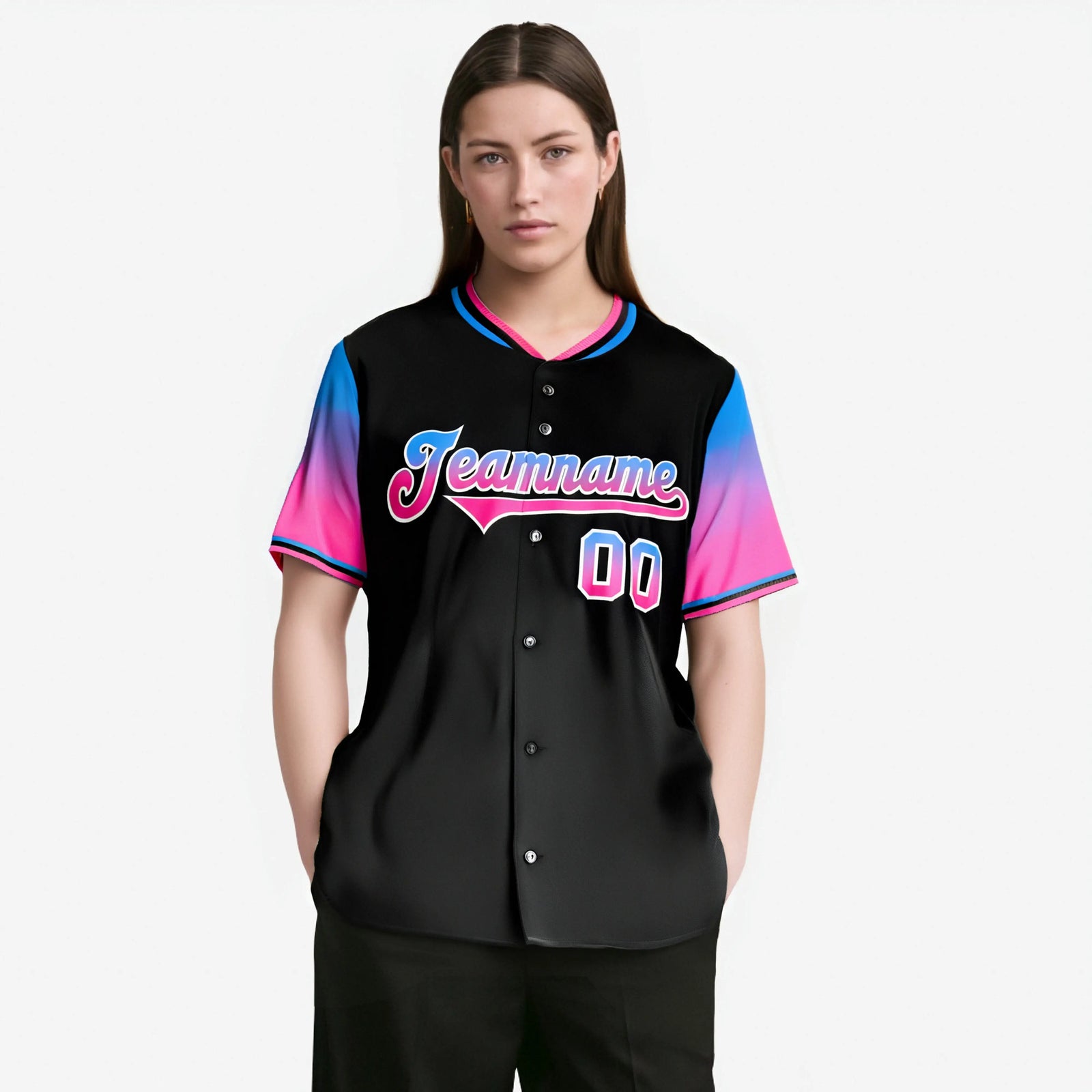 Custom Black Powder Blue-Pink Gradient Fashion Authentic Baseball Jersey