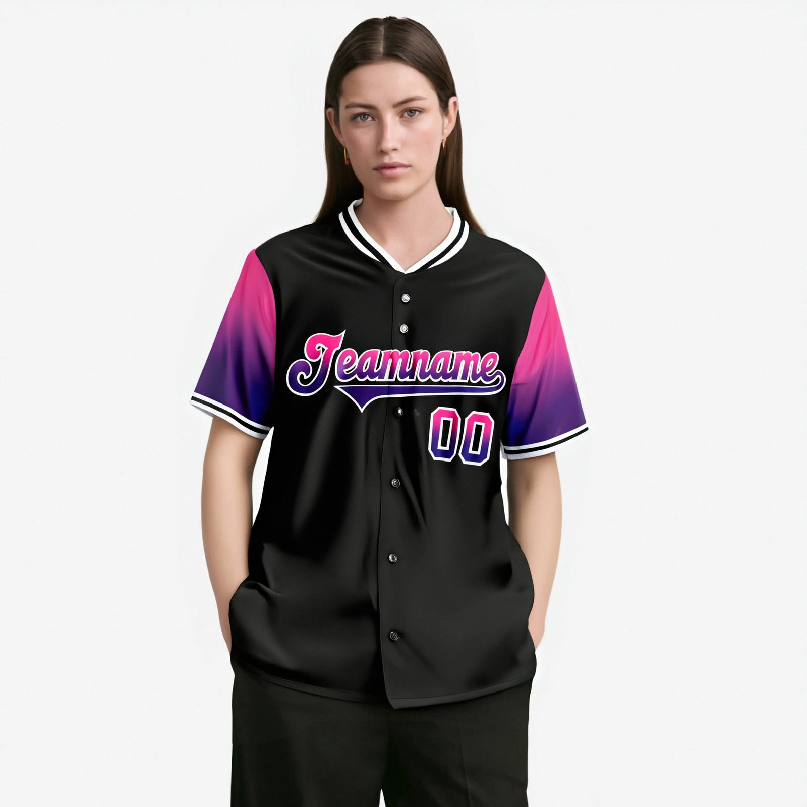 Custom Black Pink-Purple Gradient Fashion Authentic Baseball Jersey