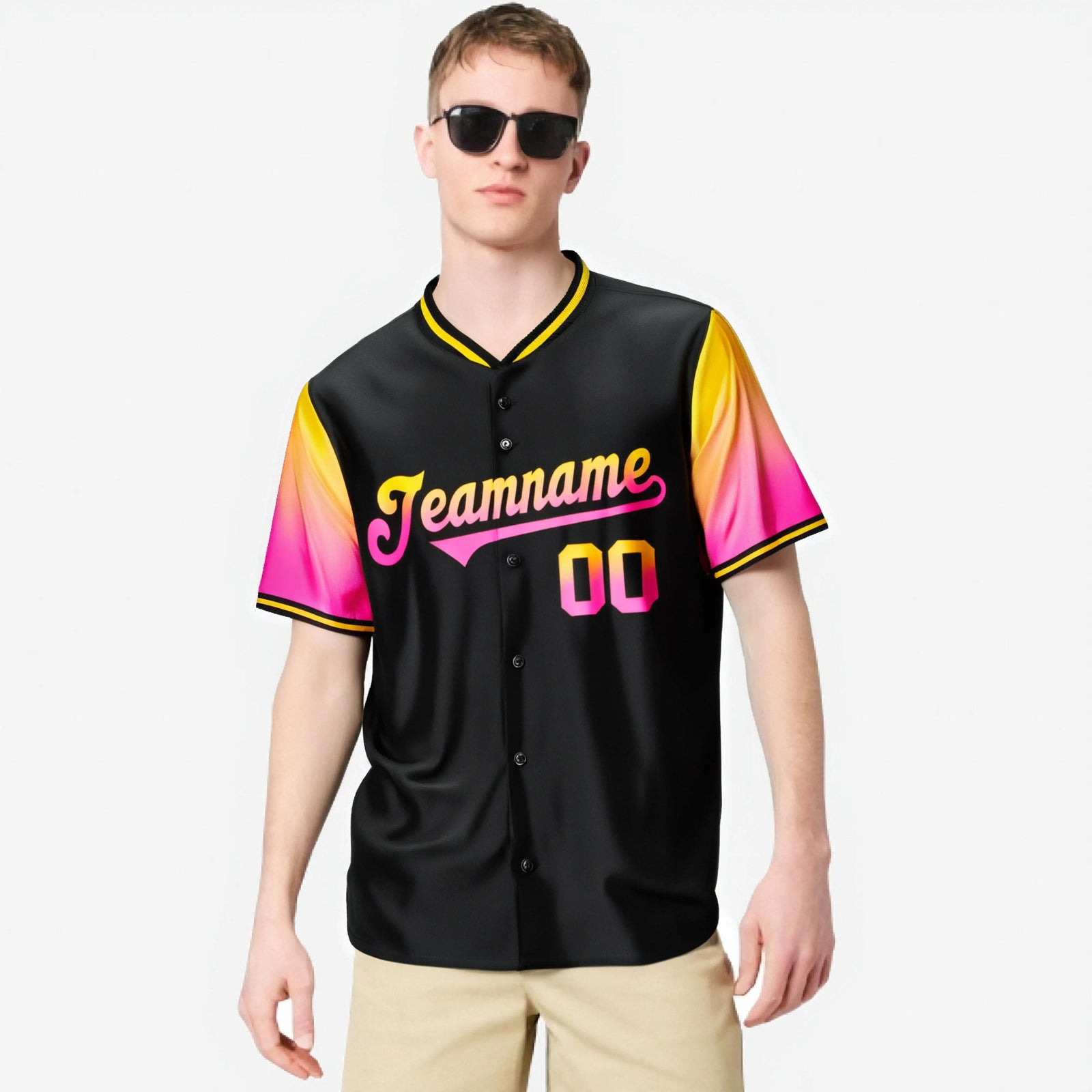 Custom Black Gold-Pink Gradient Fashion Authentic Baseball Jersey