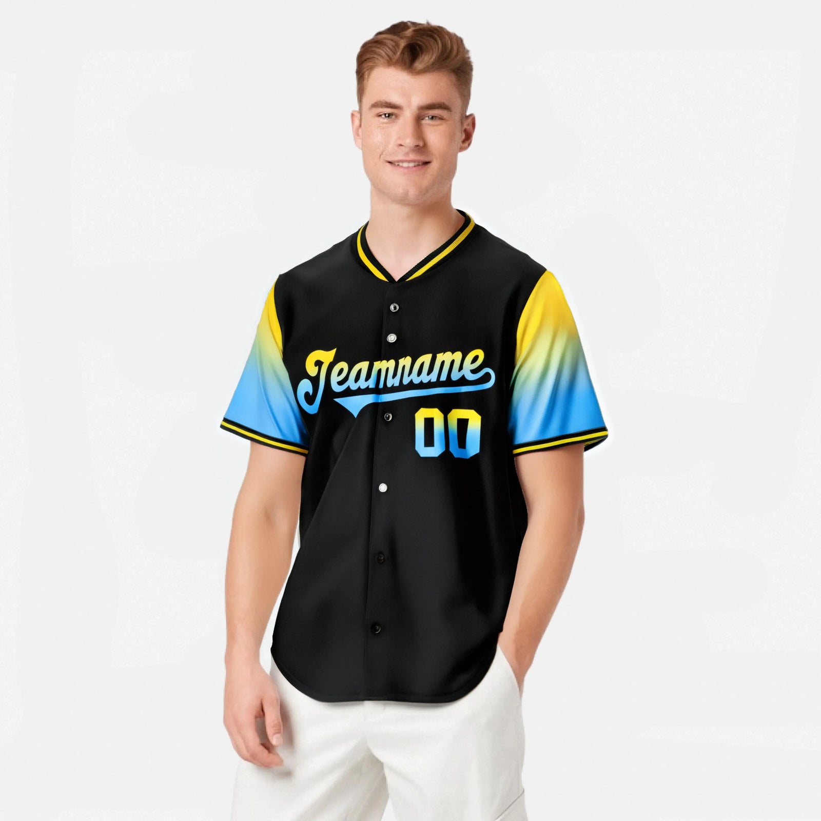 Custom Black Gold-Powder Blue Gradient Fashion Authentic Baseball Jersey