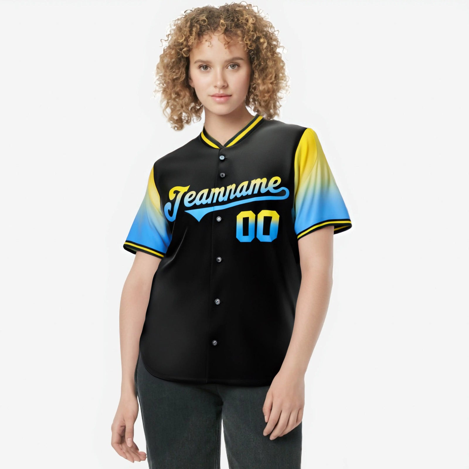 Custom Black Gold-Powder Blue Gradient Fashion Authentic Baseball Jersey