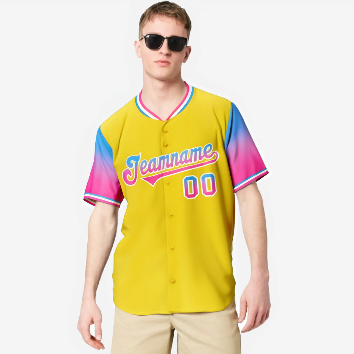 Custom Gold Powder Blue-Pink Gradient Fashion Authentic Baseball Jersey