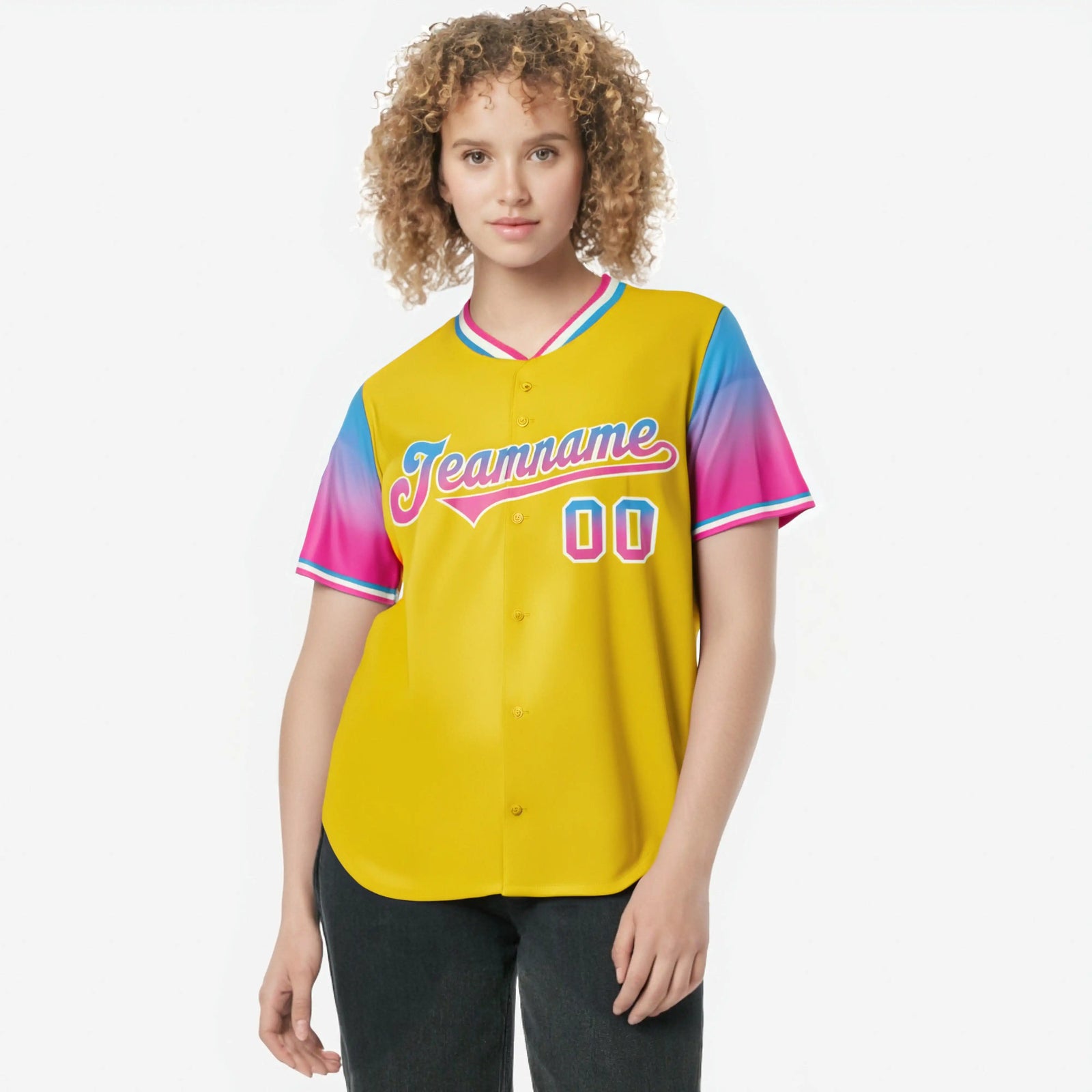 Custom Gold Powder Blue-Pink Gradient Fashion Authentic Baseball Jersey