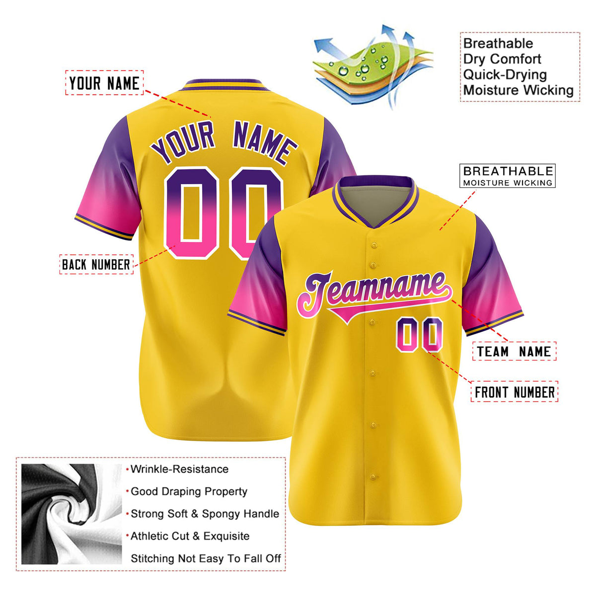 Custom Gold Purple-Pink Gradient Fashion Authentic Baseball Jersey