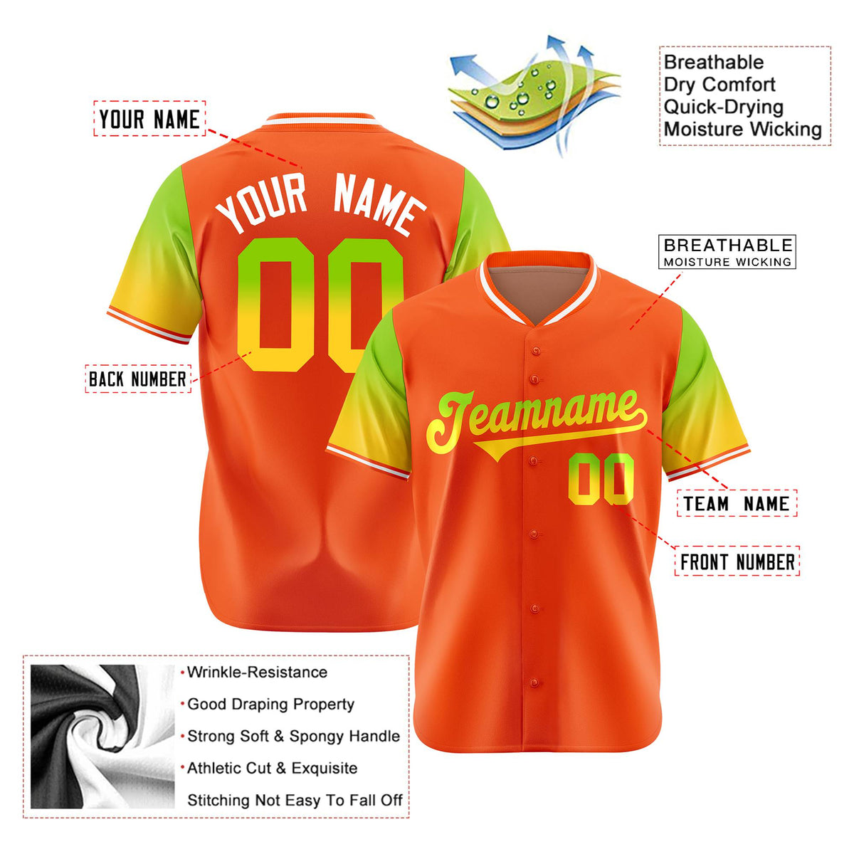Custom Orange Neon Green-Gold Gradient Fashion Authentic Baseball Jersey