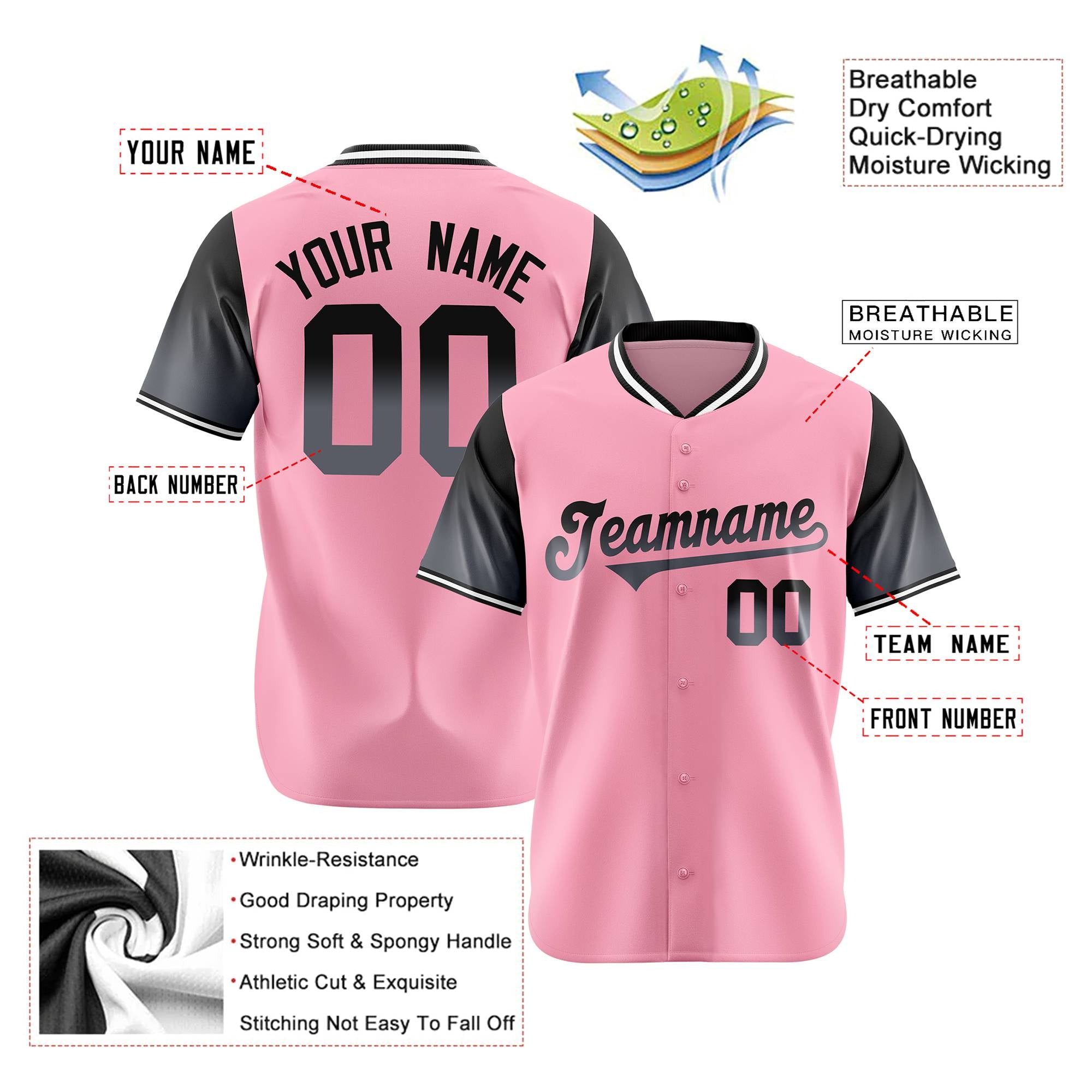 Custom Light Pink Black Gradient Fashion Authentic Baseball Jersey