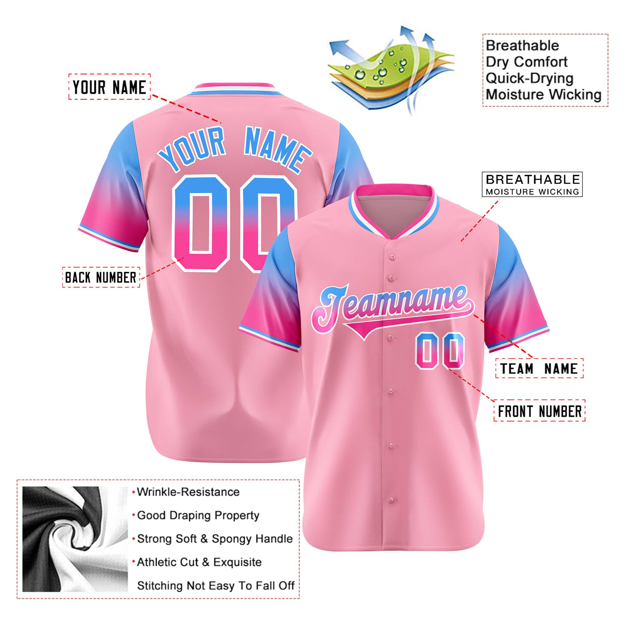 Custom Light Pink Powder Blue-Pink Gradient Fashion Authentic Baseball Jersey