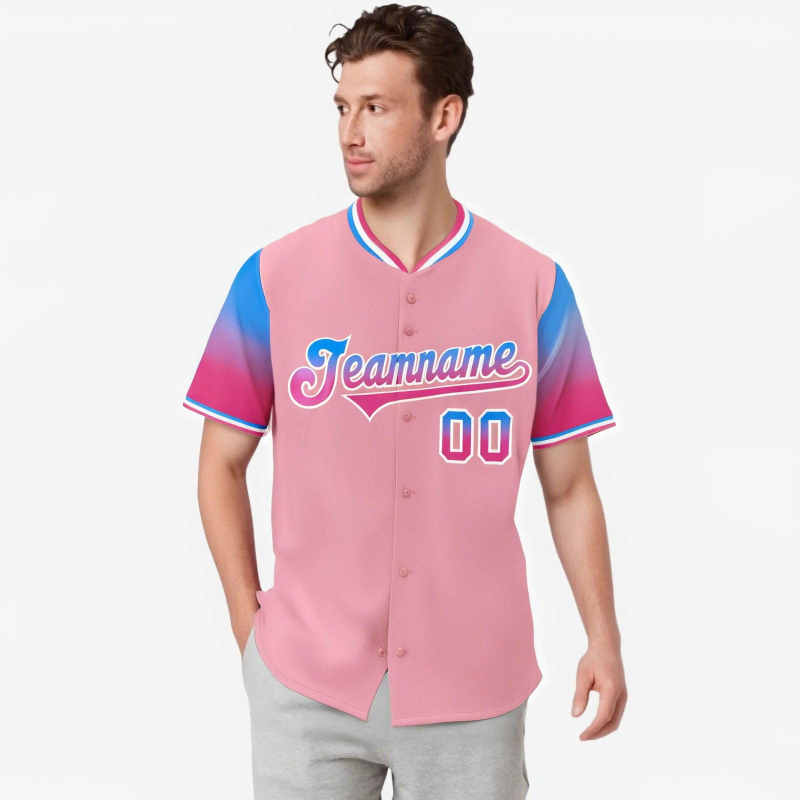 Custom Light Pink Powder Blue-Pink Gradient Fashion Authentic Baseball Jersey